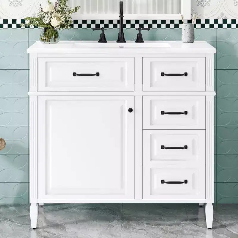 Mobile da Bagno 91cm con Lavabo Bianco Legno Massello Cassetto a Ribalta 3 Cassetti 2 Ante Maniglie in Metallo Nero MDF