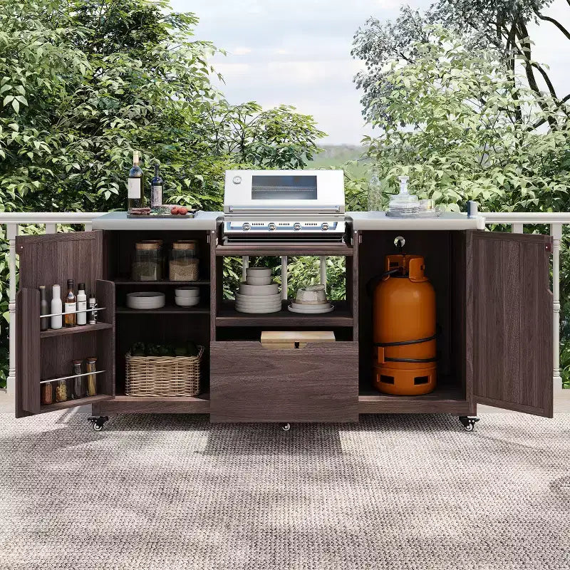 Isola da cucina per esterni da 66,5 pollici, carrello da esterno in legno massello per grill da tavolo con piano in acciaio inossidabile