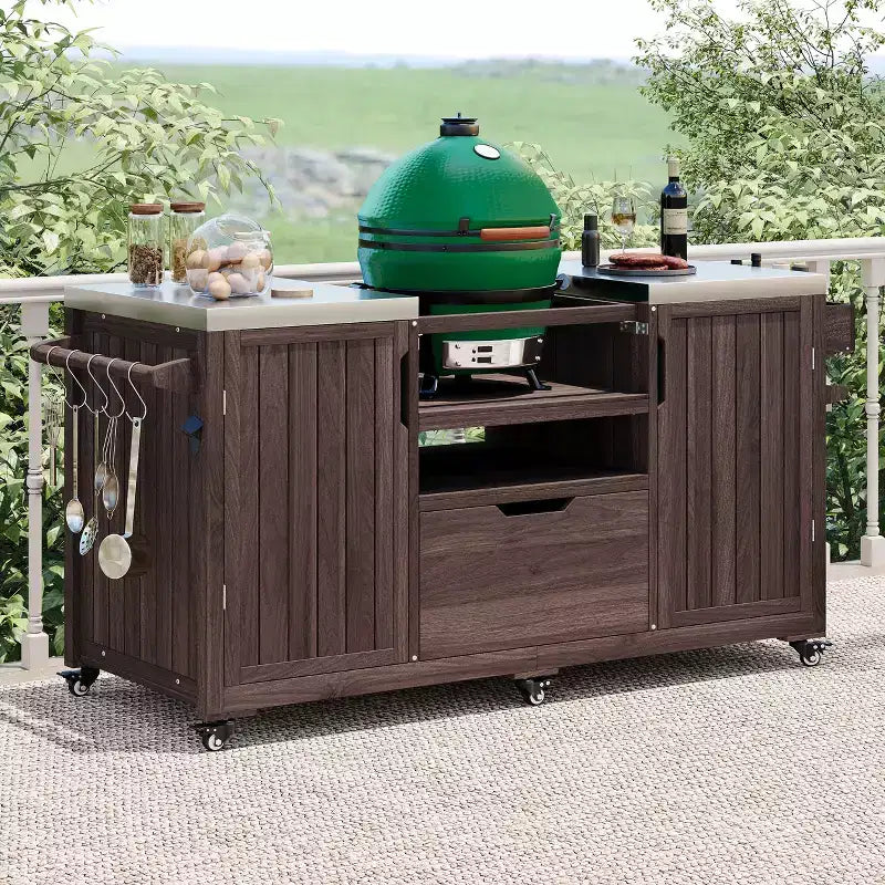 Isola da cucina per esterni da 66,5 pollici, carrello da esterno in legno massello per grill da tavolo con piano in acciaio inossidabile
