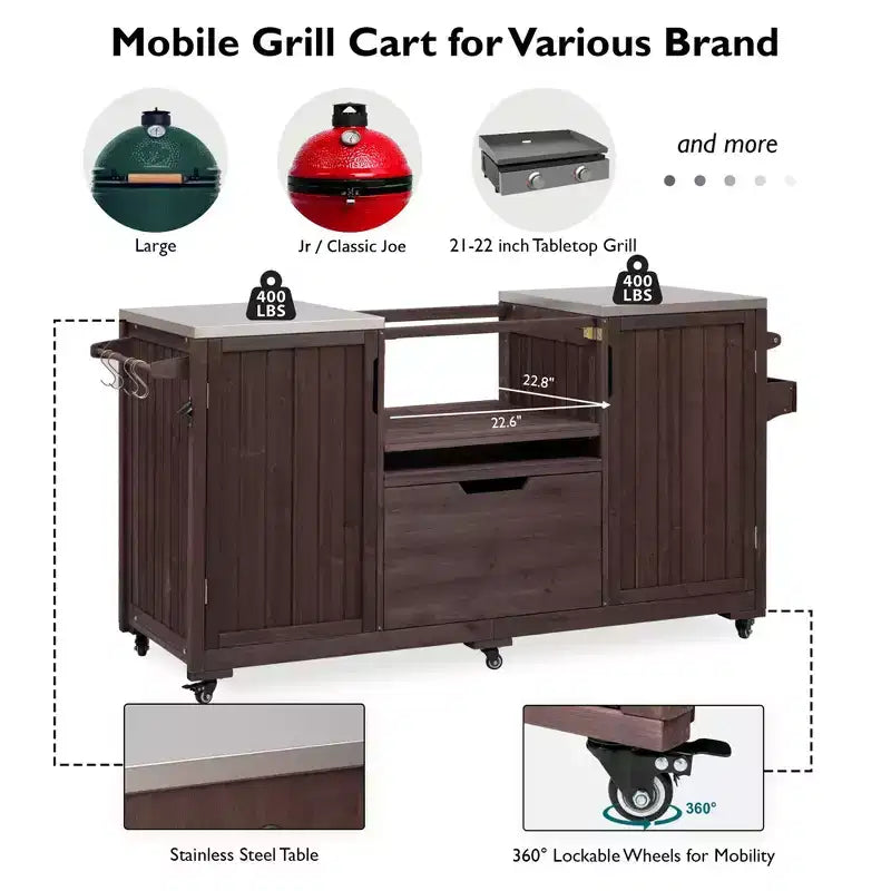 Isola da cucina per esterni da 66,5 pollici, carrello da esterno in legno massello per grill da tavolo con piano in acciaio inossidabile