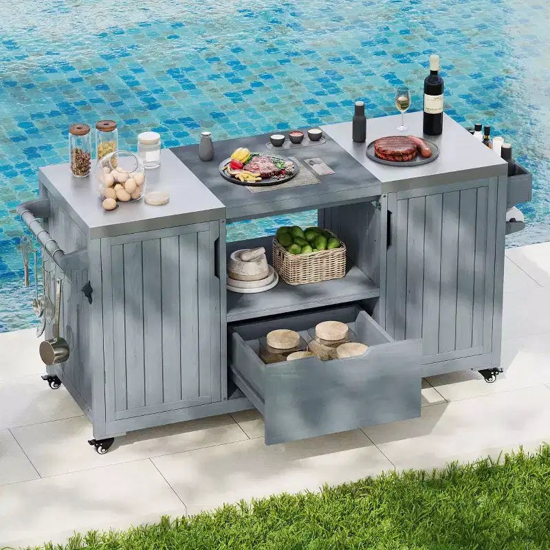 Isola da cucina per esterni da 66,5 pollici, carrello da esterno in legno massello per grill da tavolo con piano in acciaio inossidabile