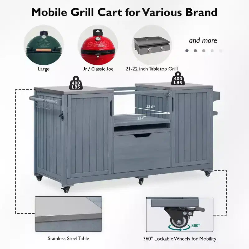 Isola da cucina per esterni da 66,5 pollici, carrello da esterno in legno massello per grill da tavolo con piano in acciaio inossidabile