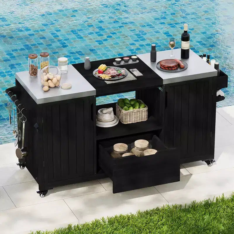 Isola da cucina per esterni da 66,5 pollici, carrello da esterno in legno massello per grill da tavolo con piano in acciaio inossidabile