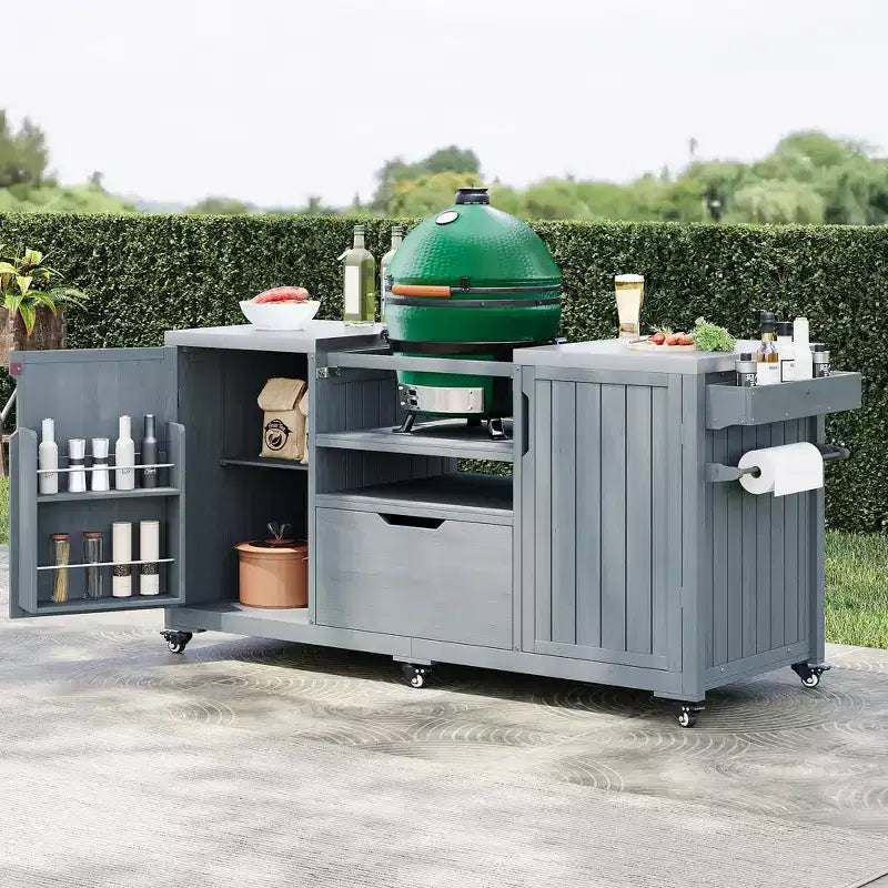 Isola da cucina per esterni da 66,5 pollici, carrello da esterno in legno massello per grill da tavolo con piano in acciaio inossidabile