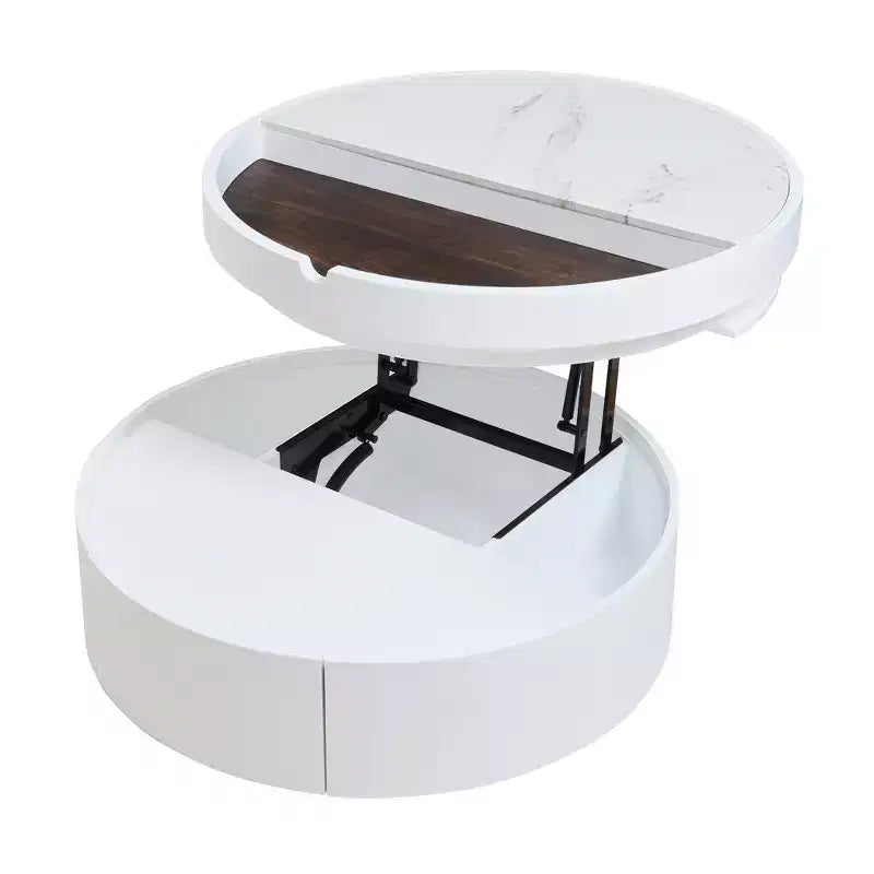 Tavolino da caffè con piano sollevabile e cassetto, Tavolino rotondo con contenitore, Tavolino da caffè regolabile moderno in legno con contenitore per soggiorno, Bianco
