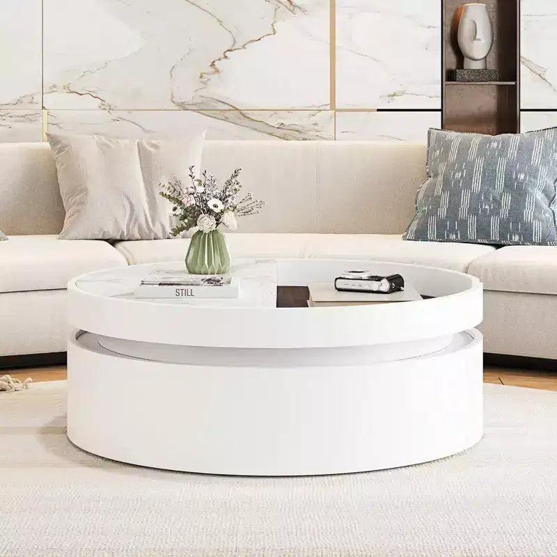 Tavolino da caffè con piano sollevabile e cassetto, Tavolino rotondo con contenitore, Tavolino da caffè regolabile moderno in legno con contenitore per soggiorno, Bianco