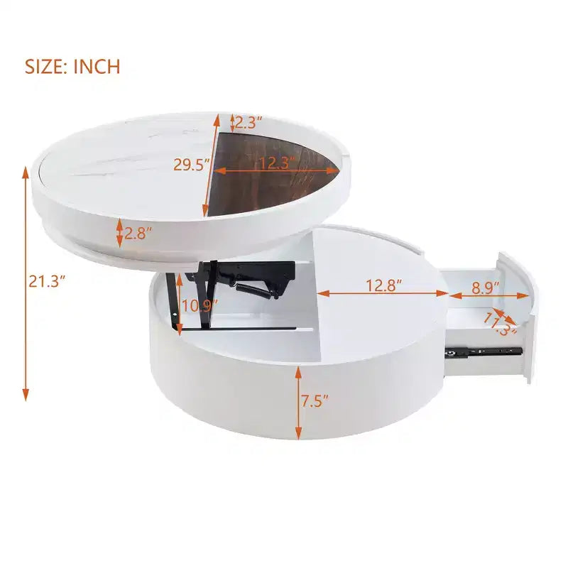 Tavolino da caffè con piano sollevabile e cassetto, Tavolino rotondo con contenitore, Tavolino da caffè regolabile moderno in legno con contenitore per soggiorno, Bianco
