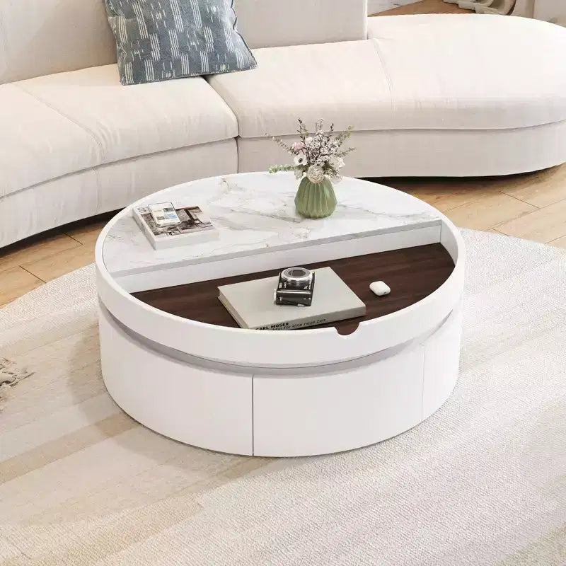 Tavolino da caffè con piano sollevabile e cassetto, Tavolino rotondo con contenitore, Tavolino da caffè regolabile moderno in legno con contenitore per soggiorno, Bianco