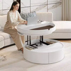 Tavolino da caffè con piano sollevabile e cassetto, Tavolino rotondo con contenitore, Tavolino da caffè regolabile moderno in legno con contenitore per soggiorno, Bianco