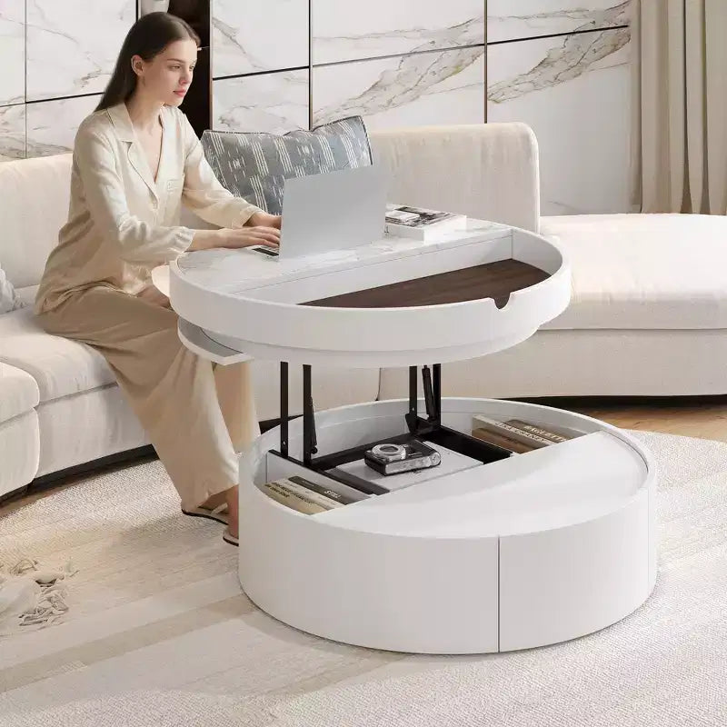 Tavolino da caffè con piano sollevabile e cassetto, Tavolino rotondo con contenitore, Tavolino da caffè regolabile moderno in legno con contenitore per soggiorno, Bianco