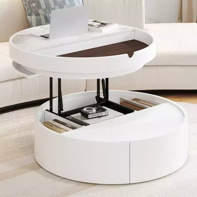 Tavolino da caffè con piano sollevabile e cassetto, Tavolino rotondo con contenitore, Tavolino da caffè regolabile moderno in legno con contenitore per soggiorno, Bianco