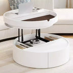 Tavolino da caffè con piano sollevabile e cassetto, Tavolino rotondo con contenitore, Tavolino da caffè regolabile moderno in legno con contenitore per soggiorno, Bianco