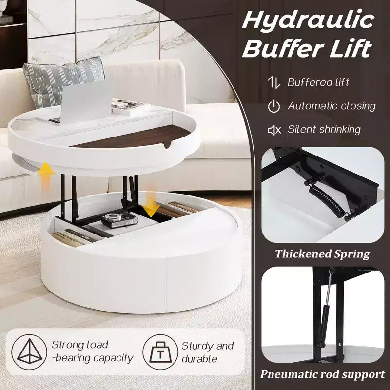 Tavolino da caffè con piano sollevabile e cassetto, Tavolino rotondo con contenitore, Tavolino da caffè regolabile moderno in legno con contenitore per soggiorno, Bianco