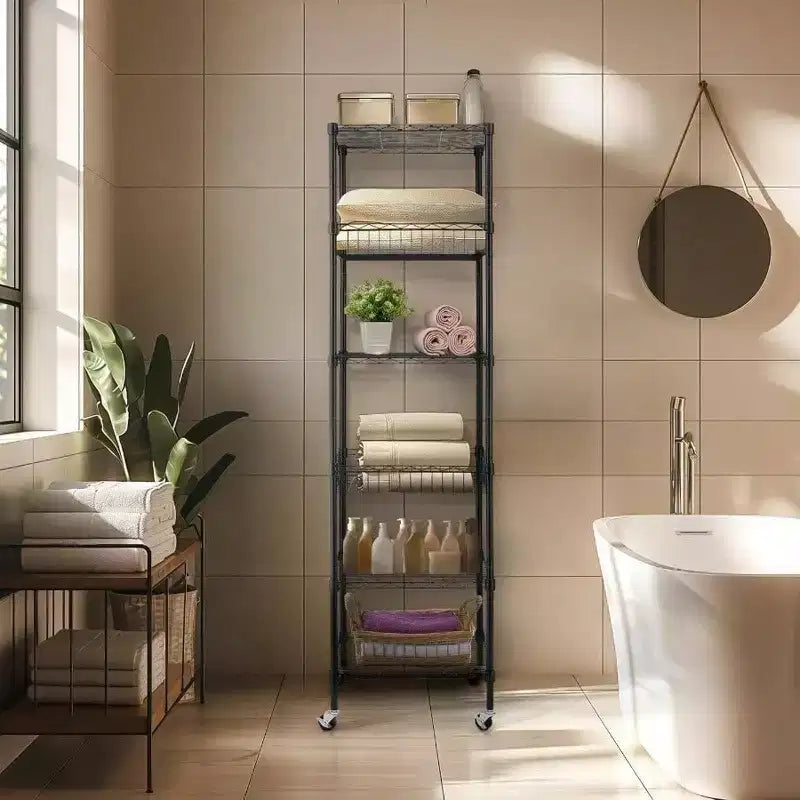 Scaffale metallico a 6 ripiani resistente con ruote 45,7x45,7x183 cm nero - Scaffale di stoccaggio in metallo con tubi in acciaio ispessiti regolabili