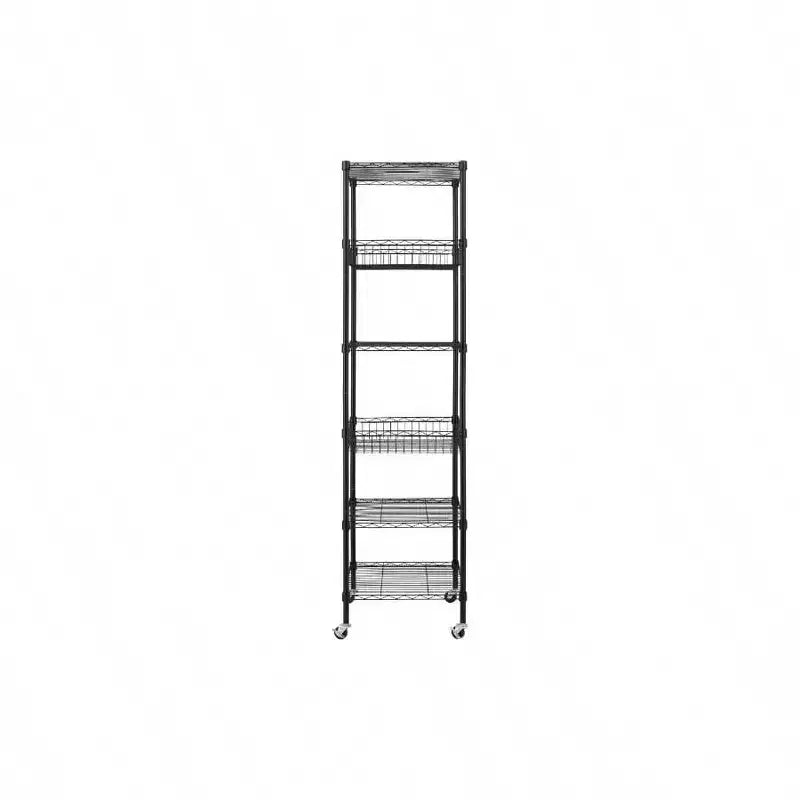 Scaffale metallico a 6 ripiani resistente con ruote 45,7x45,7x183 cm nero - Scaffale di stoccaggio in metallo con tubi in acciaio ispessiti regolabili