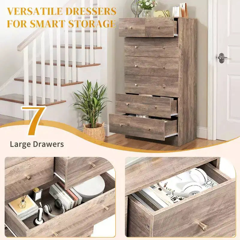Cassettiera a 7 cassetti grande per camera da letto e comò con robusta struttura in legno, organizer per riporre oggetti nell'armadio, di colore grigio