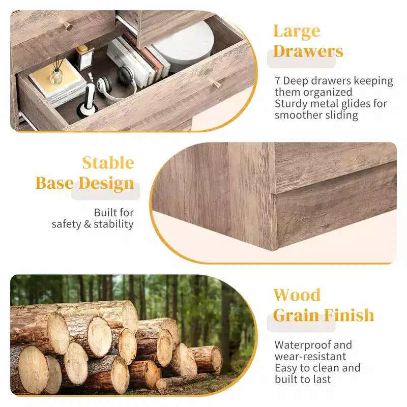Cassettiera a 7 cassetti grande per camera da letto e comò con robusta struttura in legno, organizer per riporre oggetti nell'armadio, di colore grigio