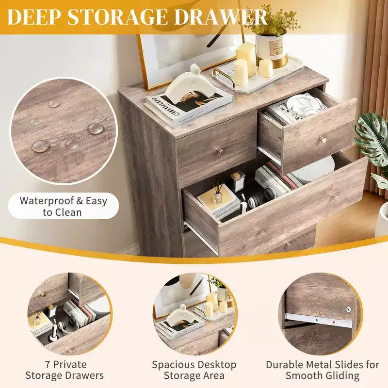 Cassettiera a 7 cassetti grande per camera da letto e comò con robusta struttura in legno, organizer per riporre oggetti nell'armadio, di colore grigio