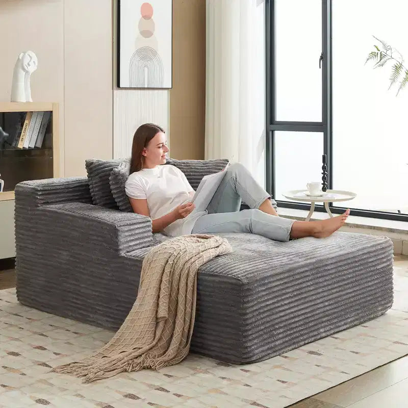 49 Oversized Chaise Lounge Chair, Upholstered Sleeper Sofa Bed with 3 Pillows, Boneless Sleep Single Sofa Couch for Living Room Bedroom, Grey