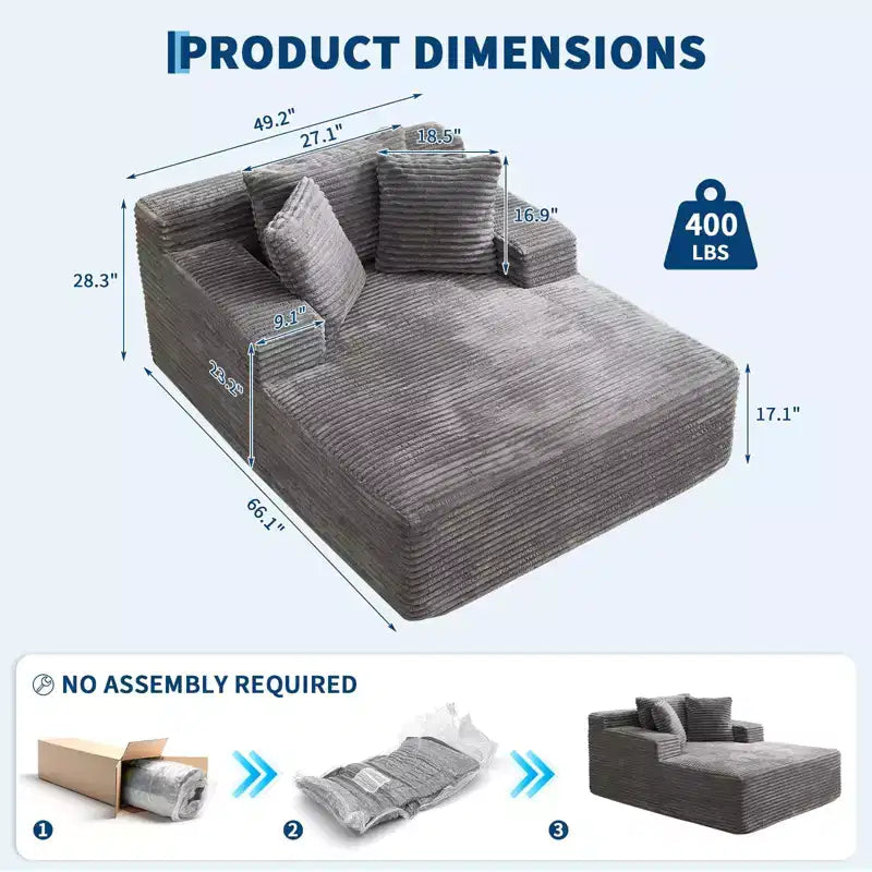 Poltrona Chaise Longue Oversize da 49 pollici, divano letto imbottito con 3 cuscini, divano singolo senza struttura per soggiorno o camera da letto, grigio