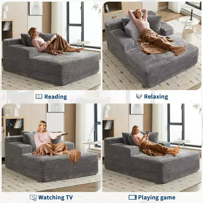 Poltrona Chaise Longue Oversize da 49 pollici, divano letto imbottito con 3 cuscini, divano singolo senza struttura per soggiorno o camera da letto, grigio