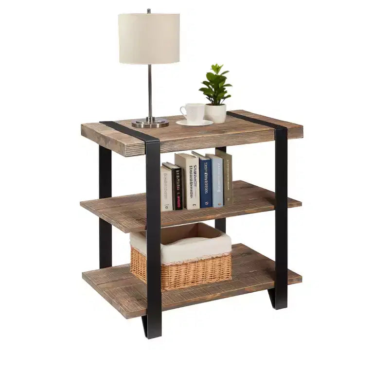27" Modesto Wide 2 Shelf End Table with Metal Strap, Wood - Alaterre Furniture: Rustic Industrial Design, Black Frame