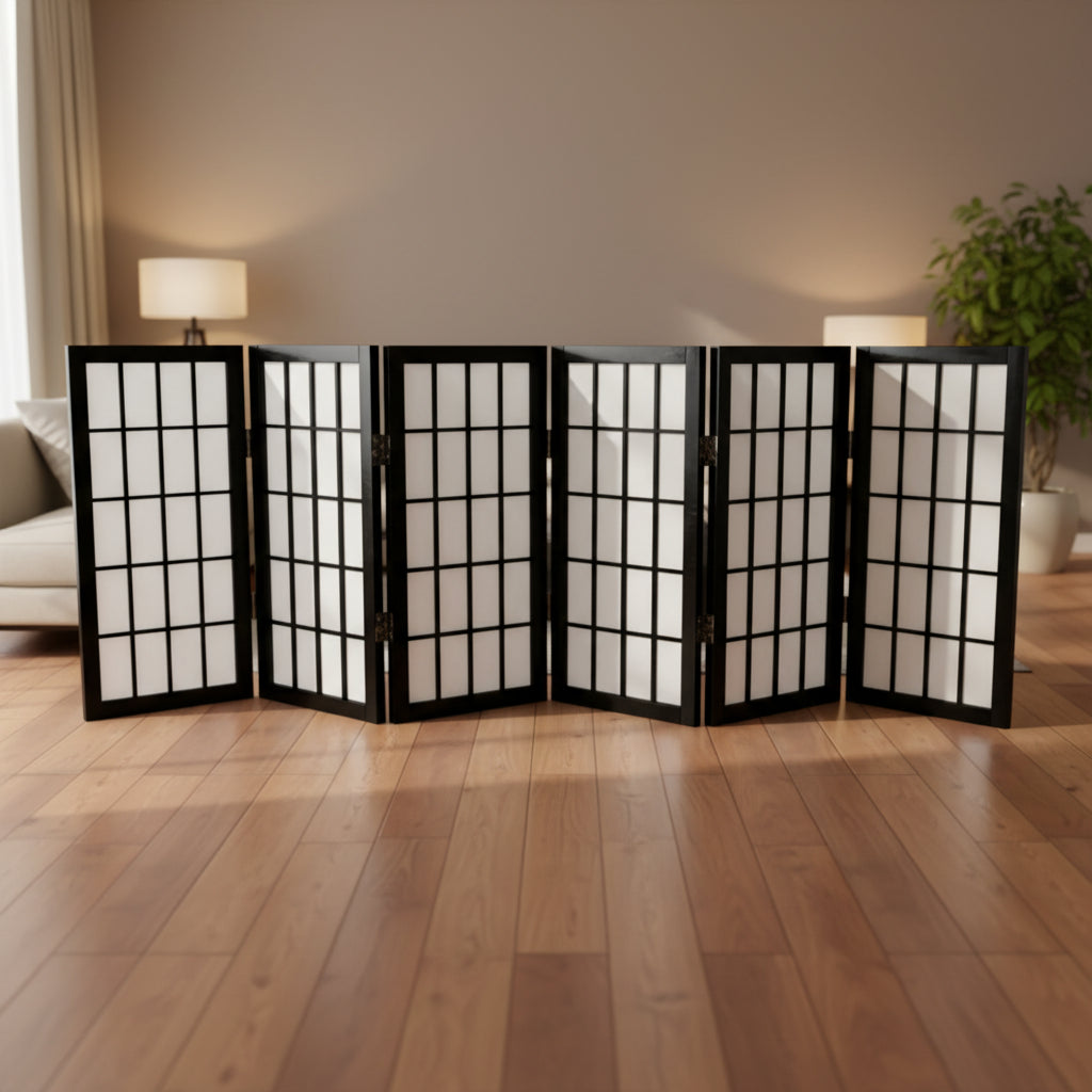 2 ft. Tall Desktop Window Pane Shoji Screen - Black (6 Panels) - Oriental Furniture