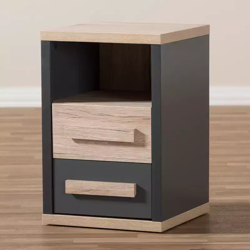 Comodino a 2 cassetti bicolore moderno e contemporaneo Grigio Scuro - Comodino con contenitore, legno MDF