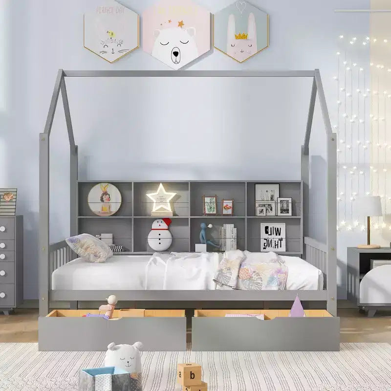 Letto a capanna con letto estraibile e mensola