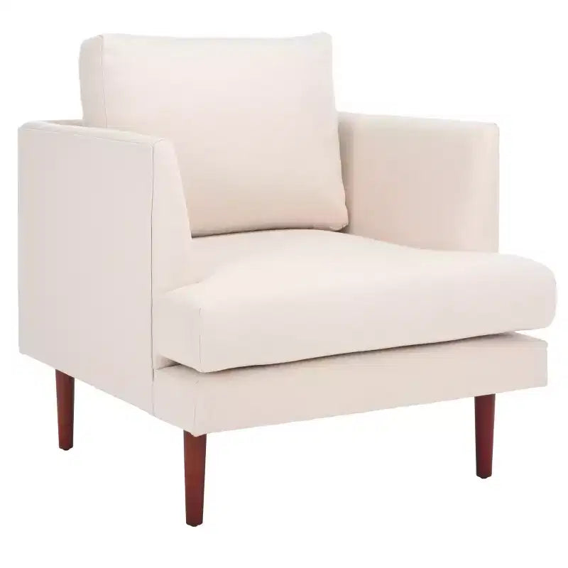 Poltrona imbottita in lino con gambe in legno