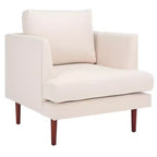 Poltrona imbottita in lino con gambe in legno