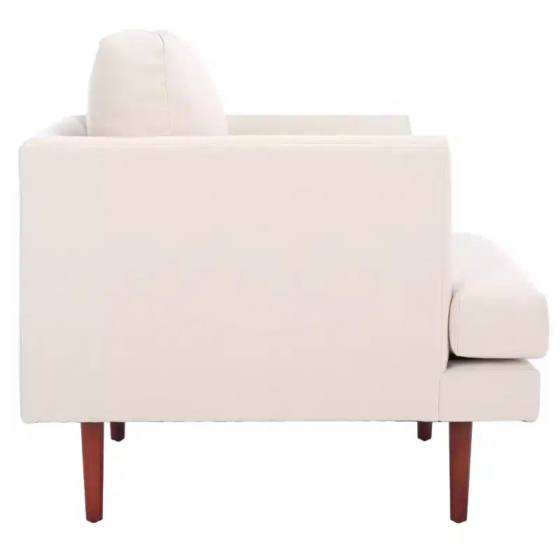 Poltrona imbottita in lino con gambe in legno