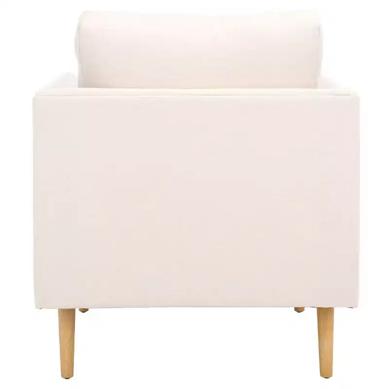 Poltrona imbottita in lino con gambe in legno