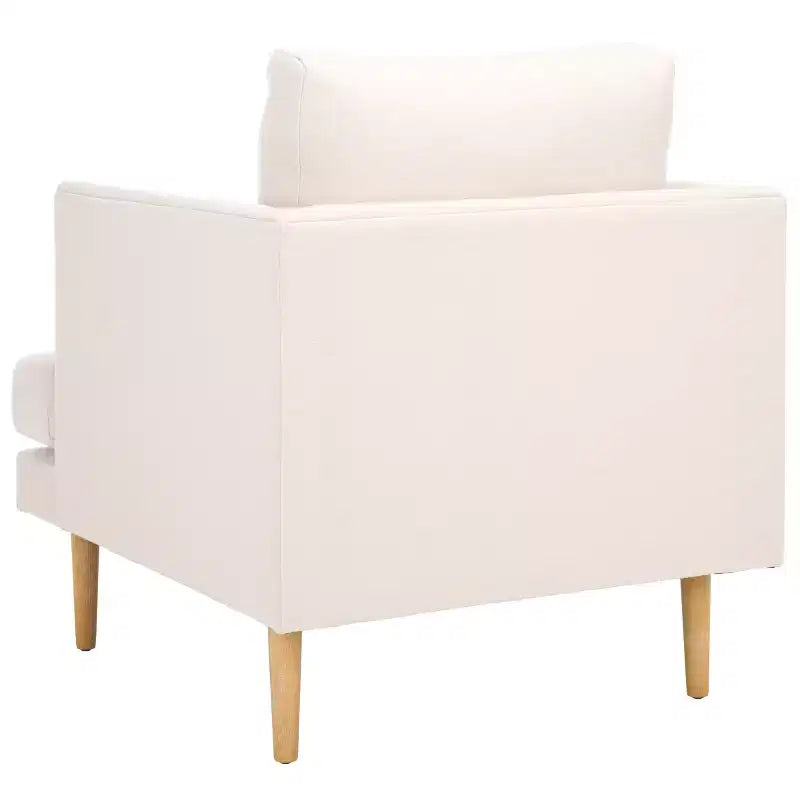Poltrona imbottita in lino con gambe in legno