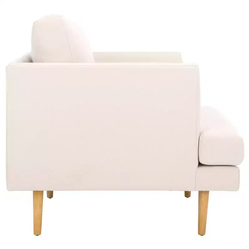Poltrona imbottita in lino con gambe in legno
