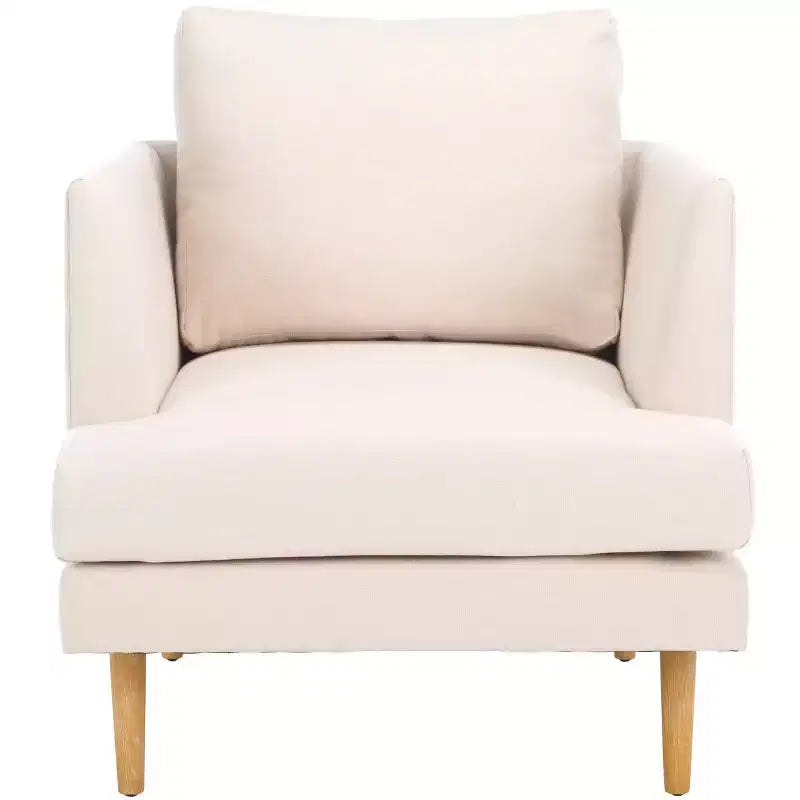 Poltrona imbottita in lino con gambe in legno