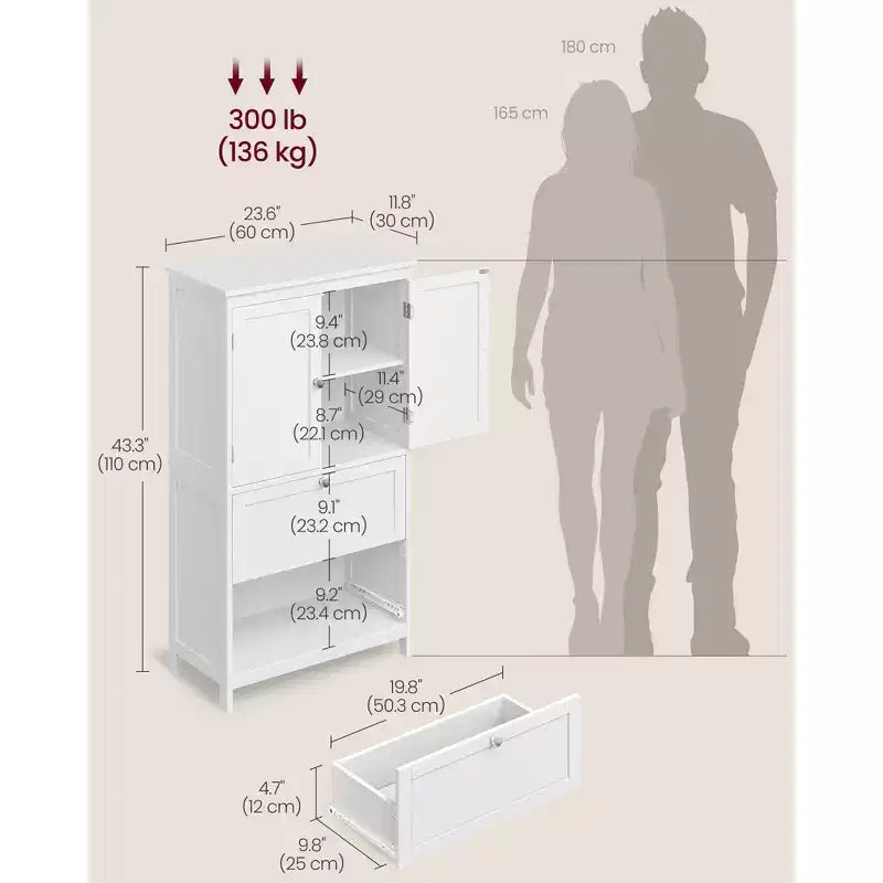 Mobiletto Contenitore da Bagno a Terra, Unità Contenitore da Bagno, Mobiletto Autoportante con 2 Cassetti e 2 Ante